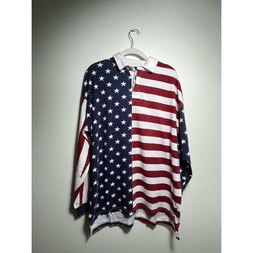 Vintage Structure American Flag Rugby Shirt Mens Stars Stripes‎ USA Cotton